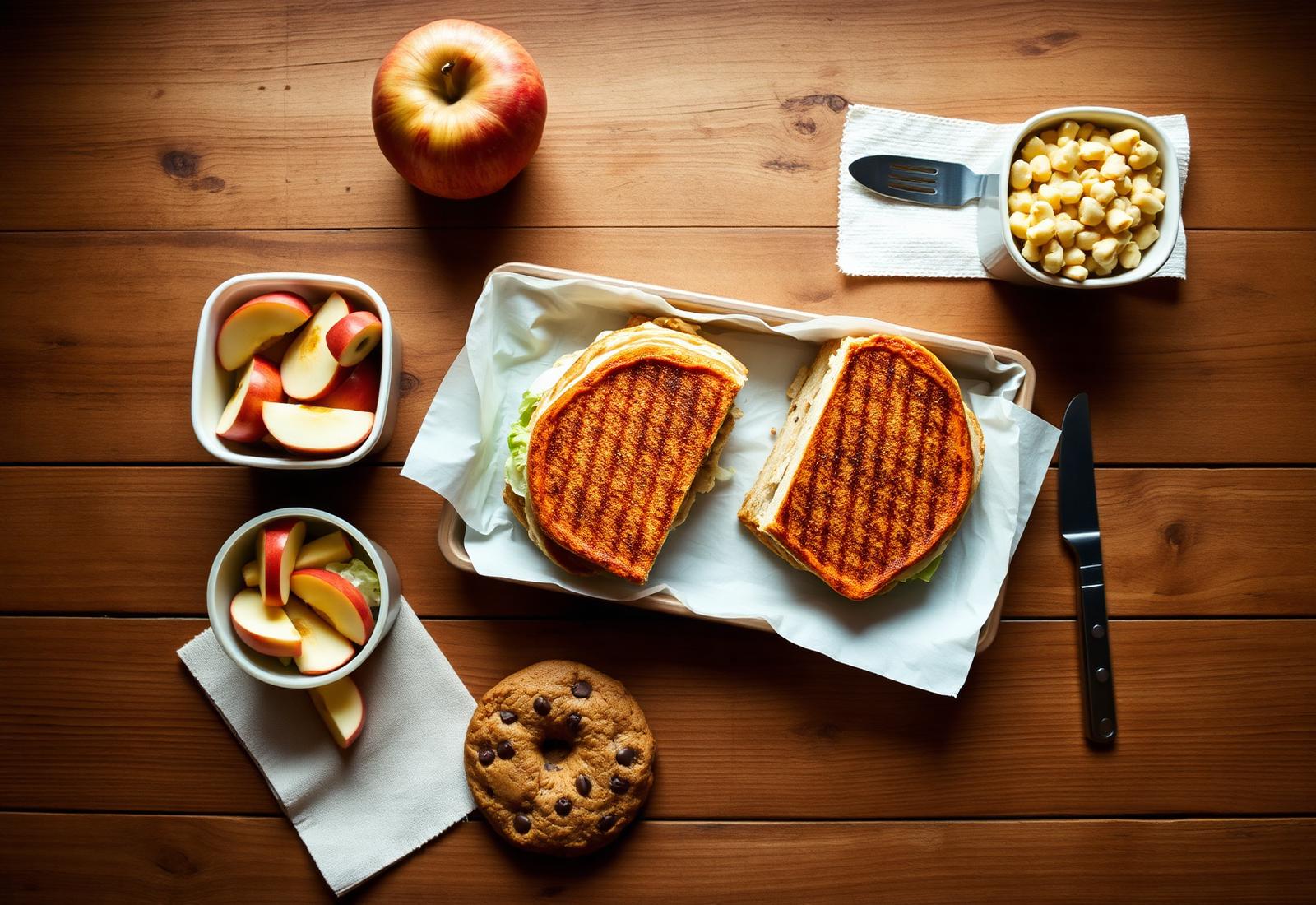 A hand-plated scratch-made school lunch on a rustic wooden table